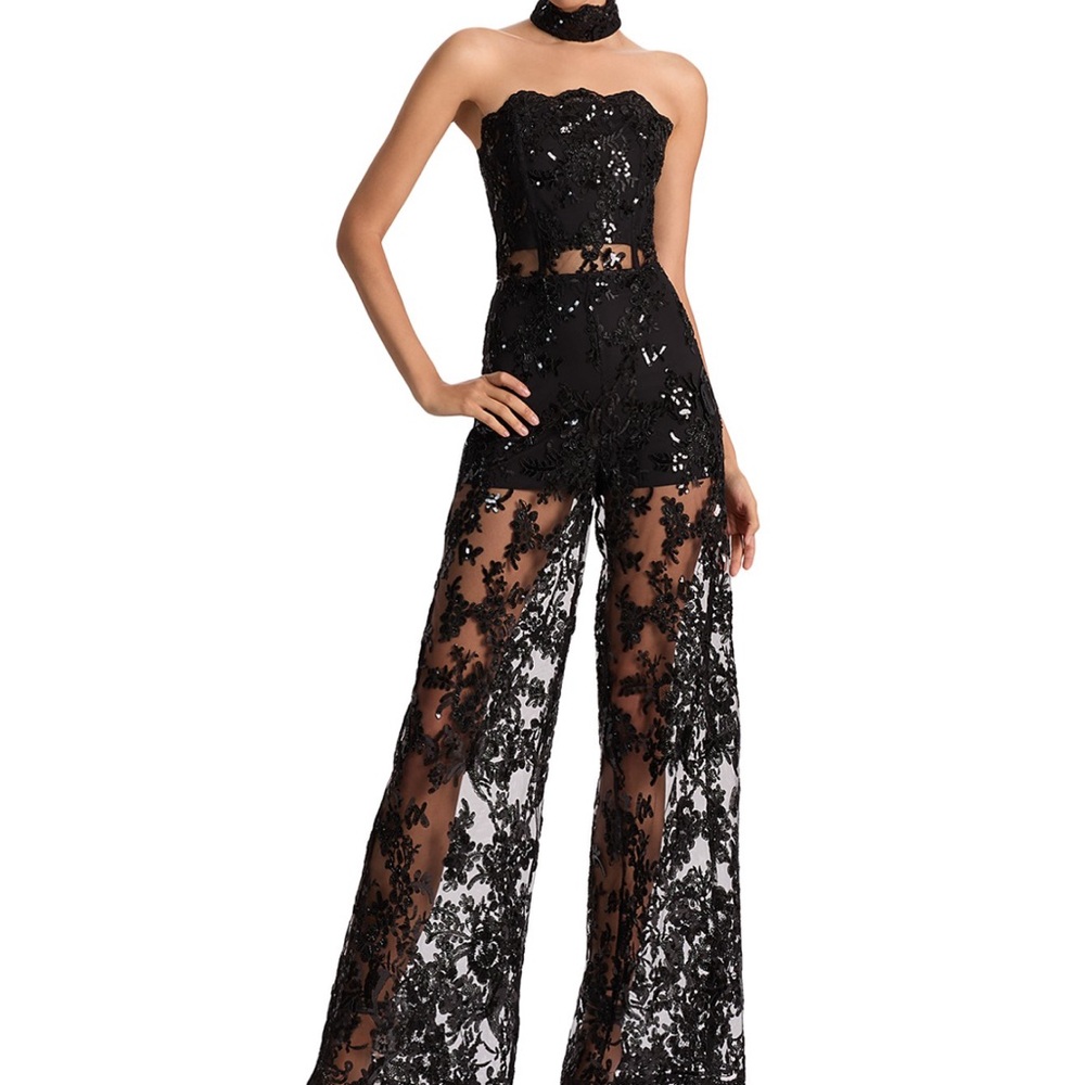 Alice + Olivia Black Lace Halter Jumpsuit comes with lace choker - Picture 2 of 7
